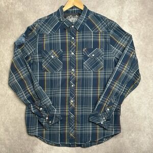 Fox Racing Shirt Mens XL Blue Plaid Pearl Snap Long Sleeve Button Up